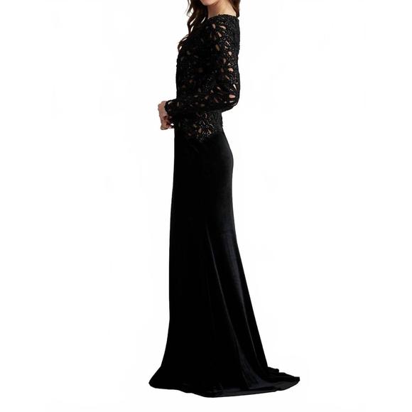 NEW TADASHI SHOJI sinnott chenille embroidered gown in black/nude